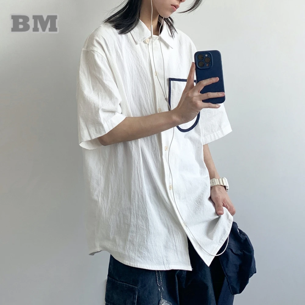 Japanese Preppy Shirt For Men Women Summer Vintage Loose Fit Short Sleeve Unisex Casual Trendy Cotton Oversized College Style