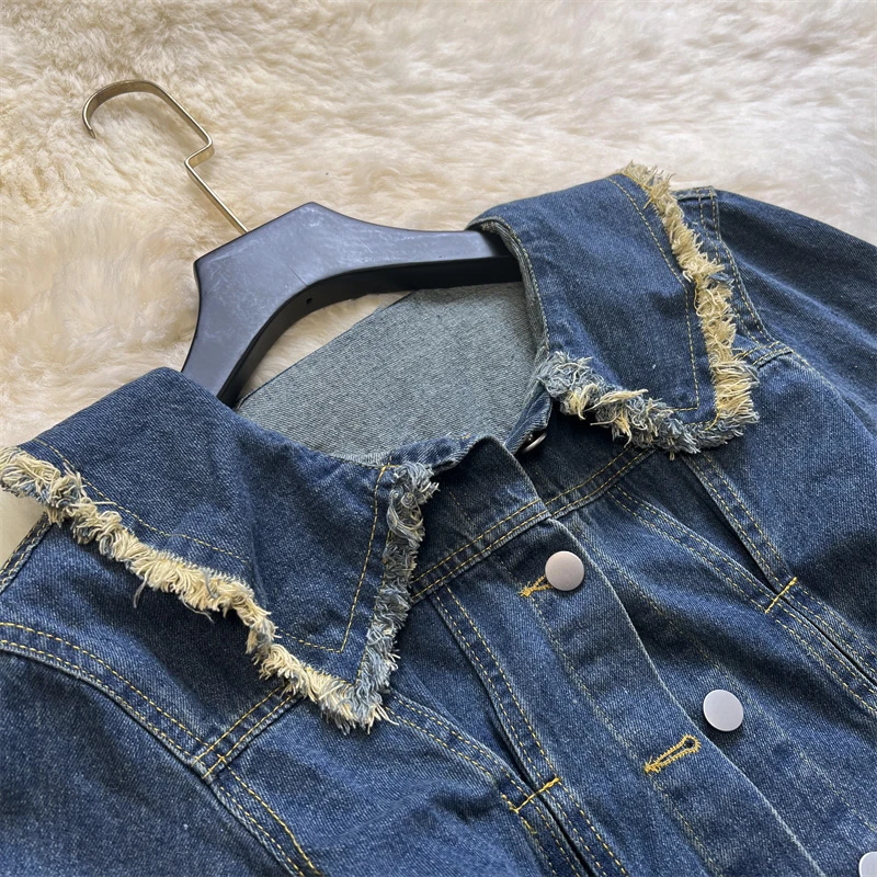 Phụ Nữ 2 ĐẦM Denim SUÔNG Ngắn Retro Áo Khoác + Cao Cấp Ngọt Nàng Tiên Cá Trung Dài Váy Phù Hợp Với 2022 Thu Mới