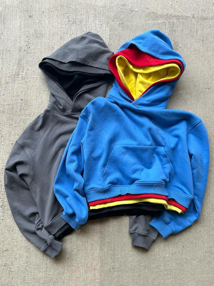 

Однотонная женская толстовка с капюшоном, имитирующая двухслойность, в стиле High Street, хип-хоп, рок, Харадзюку, ретро, модная повседневная толстовка