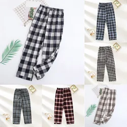 Men's Pajamas Pants Casual Plaid Pajama Sleepwear Nightwear Cotton Pants Loose High Waist Straight Long Trousers Loungewear