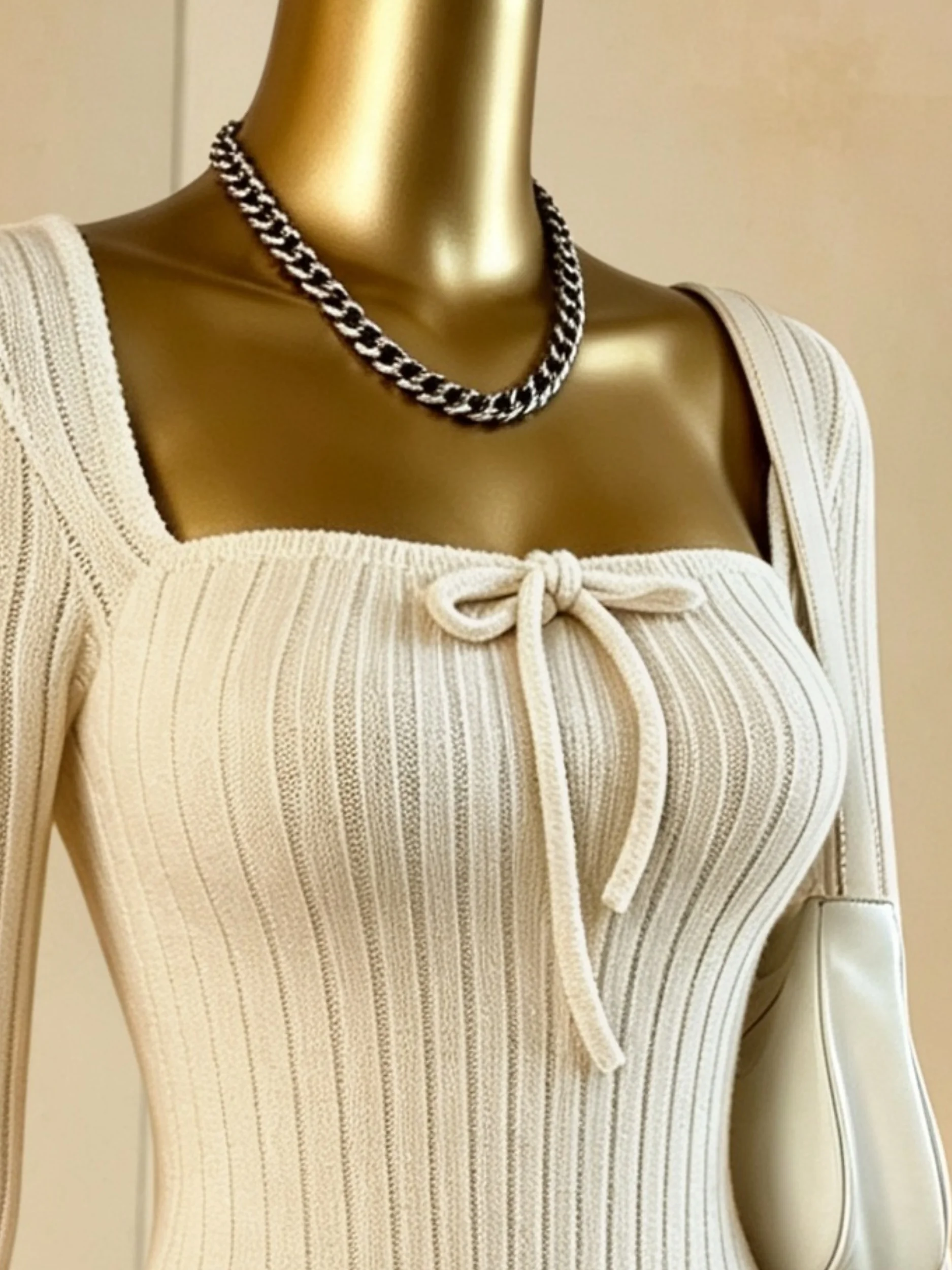 Damen-Minikleid mit quadratischem Ausschnitt, vorne gebunden, gerippt, ausgestellter Rock, lange Ärmel, tailliert, A-Linie, Y2K, sexy Kleid – Detail 14