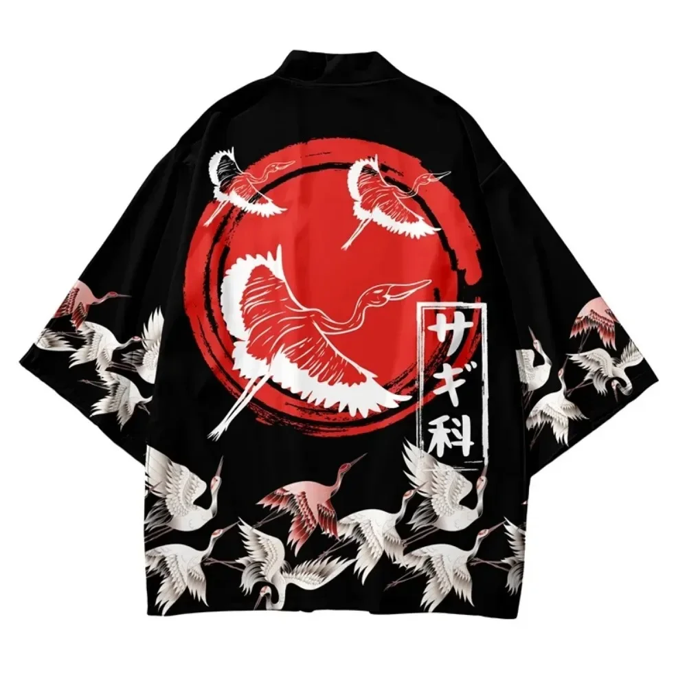 Kimono japones Cardigan Yukata Samurai hombre mujer grulla estampado camisa verano playa Haori Harajuku Obi japonés asiático Streetwear