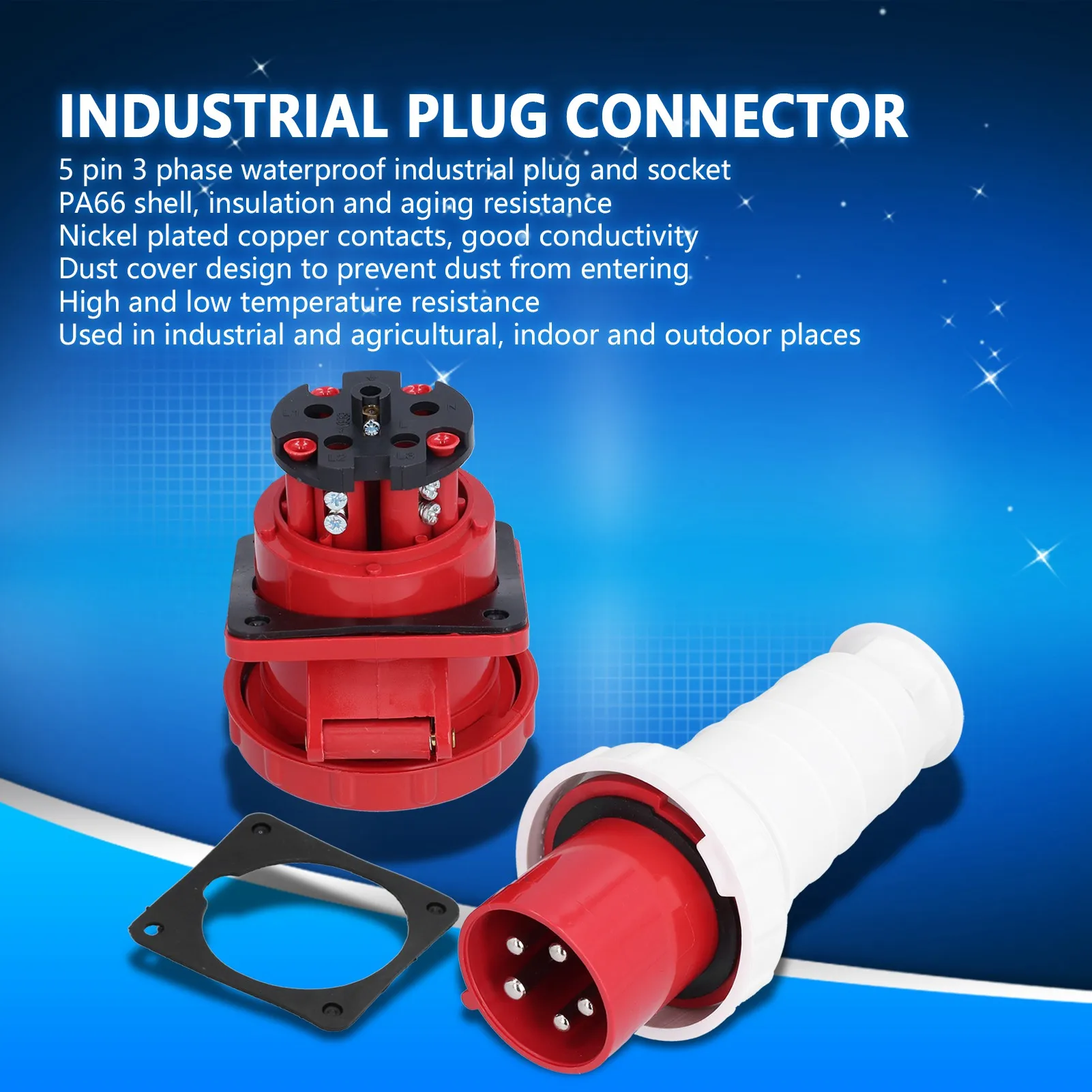 Industrial Plug Connector Industrial Plug Socket 5 Pin 3 Phase Power Connector IP67 Waterproof 380‑415V 63A 3P+N+E