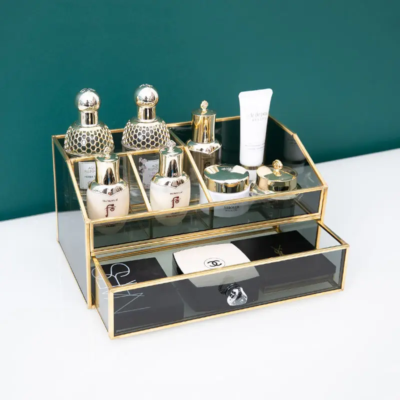 custom. [Light Luxury Black Glass] High-end Luxurious Cosmetic Storage Box Glass Dressing Table Desktop Drawer-style Skincare Pe