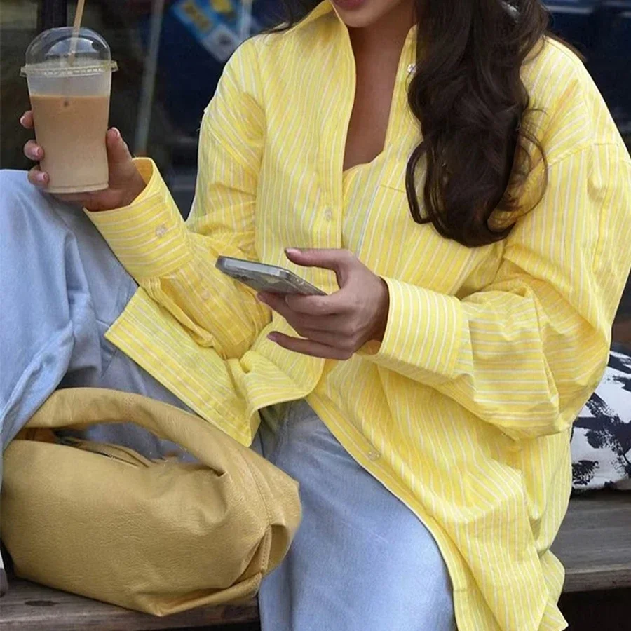 

spring Autumn Women Casual Shirt Polo Neck yellow stripe button Long Sleeve Blouse harajuku women's oversized Cardigan Shirts
