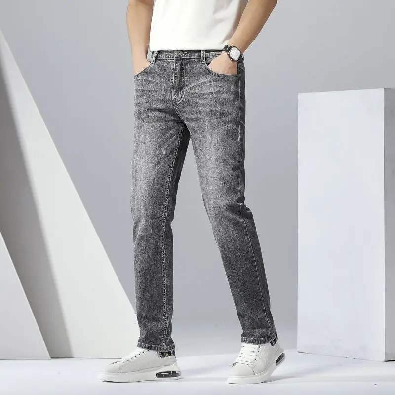 Jeans Men Spring Autumn New Slim Fit Straight Mid-Waist Stretch Casual Versatile Young Middle-Aged Fashionable Gray Long Pants