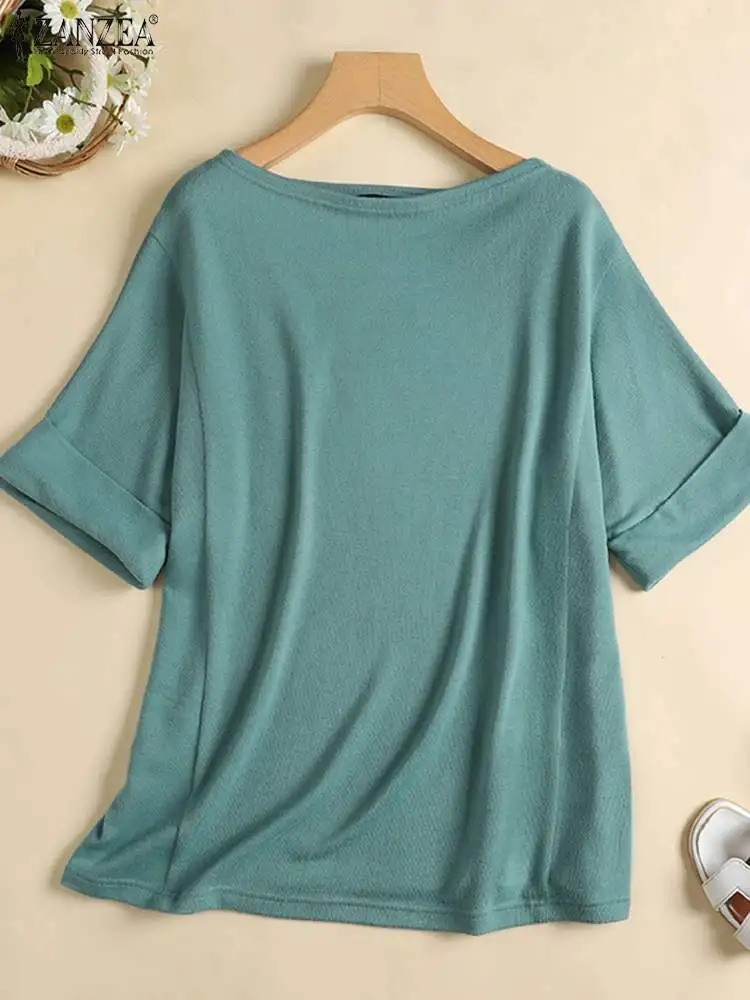 ZANZEA-blusa elegante de oficina para Mujer, camisa informal de media manga con cuello redondo, Túnica de punto gris y verde, Verano