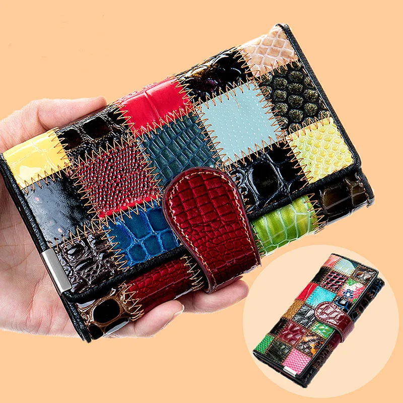 

Luufan Fashion Genuine Leather Women Clutch Wallet Patchwork Designer Real Leather Long Purse Phone Pocket Big Purse for Female