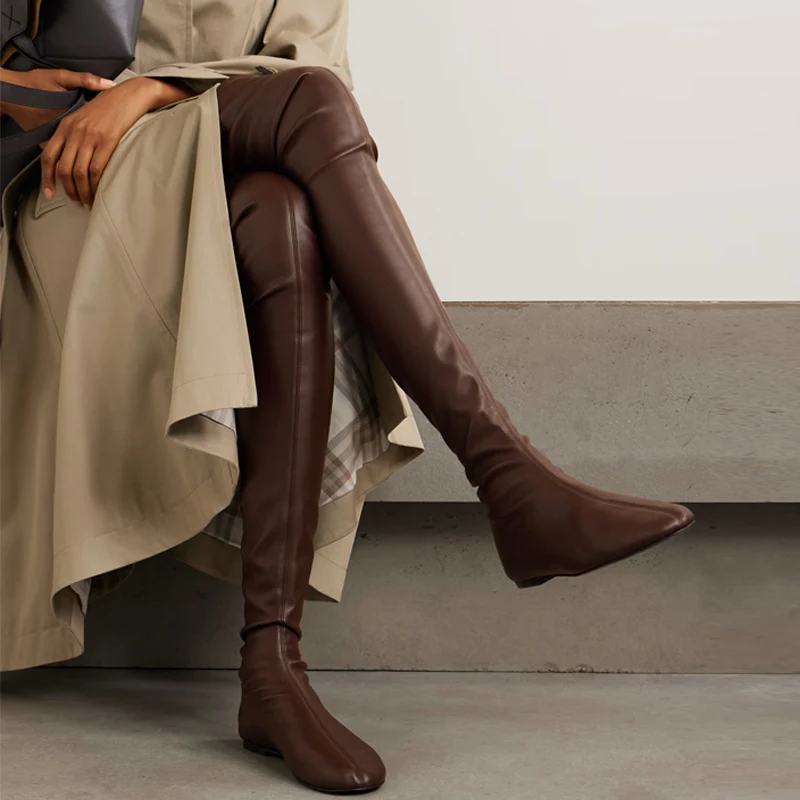 

Women's Over-The-Knee Premium Leather Boots Ruched Slim Design Comfortable Flat Sole Chic Minimalist Style Versatile Daily Wear