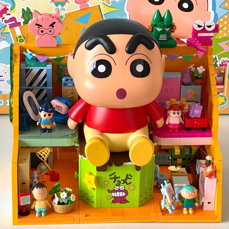 

AREAX Crayon Shinchan Building Blocks Box Shiro Neneko Masao Assembly Puzzle Desktop Ornament Anime Boys Girls Birthday Gift