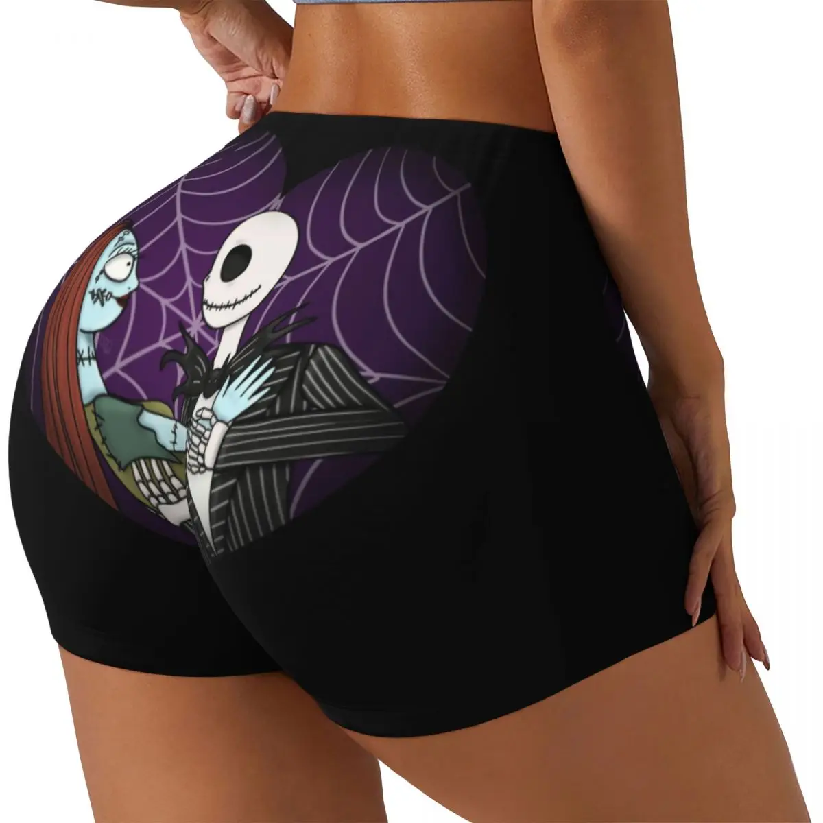 Custom Women's Jack Skellington Sally Workout Yoga Shorts The Nightmare Before Christmas Athletic Gym Biker Running Shorts