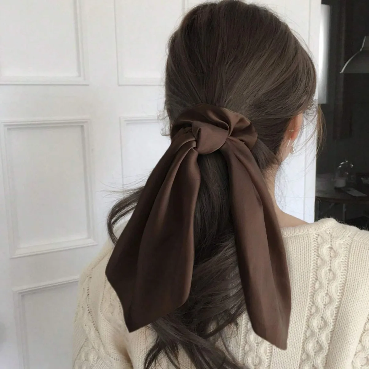 Satin Bow Scrunchies Long Ribbon Elastic Hair Bands For Women Girls Ponytail Scarf Solid Color Silk hair Ties Hair Accessories