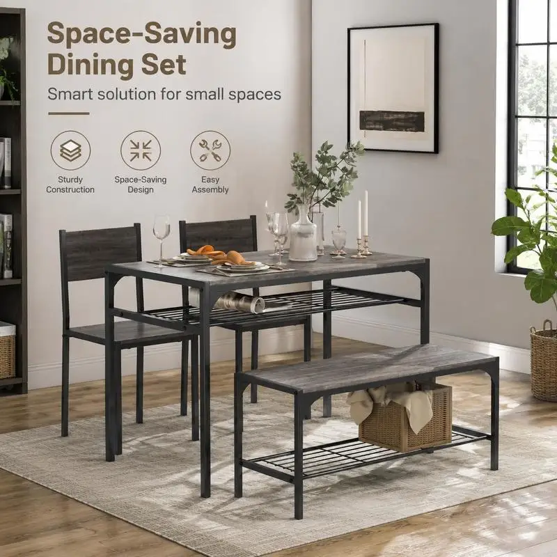 Table de cuisine rectangulaire de style industriel avec banc et chaises - Gris. Idéale pour les aménagements de jardin, permettant de recevoir de petites réunions et des pauses thé de l'après-midi avec des proches et des amis.