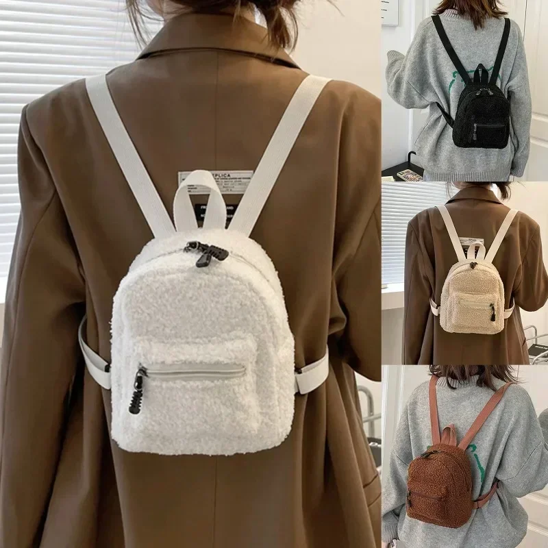 BBA054 Mochila de felpa blanca para mujer, bolso pequeño para mujer, mini mochila escolar bonita a la moda para estudiantes, Otoño Invierno