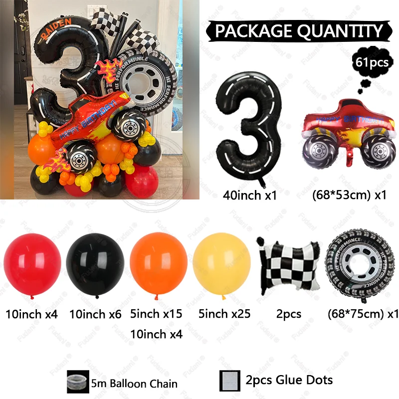 61 قطعة سباق السيارات موضوع الإطارات احباط بالون مجموعة متقلب العلم 1-9 سنة بنين حفلة عيد ميلاد الديكور سحب سريع استحمام الطفل #6