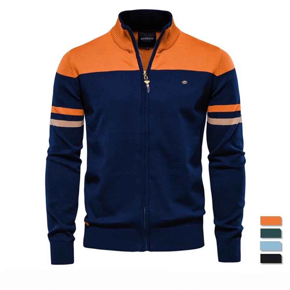 

2025 New Spring Autumn 100% Cotton Mens Zipper Cardigan Casual Patchwork Fashion Youth Knitted Sweaters for Men