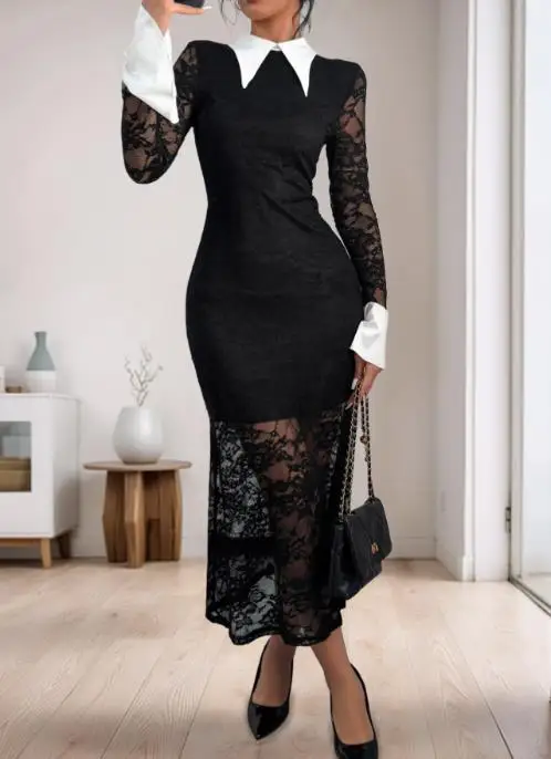 

Elegant French Party Women's Dress 2025 Lace Patchwork Dress Paired Black White Lapels Elegant Slim Fit Long Skirt Bodycon Dress