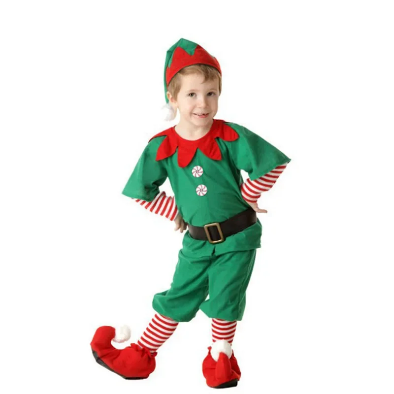 Disfraz de Papá Noel de Navidad, disfraz de elfo verde, fiesta de carnaval familiar, vestido elegante de Año Nuevo, conjunto de ropa para niñas y niños