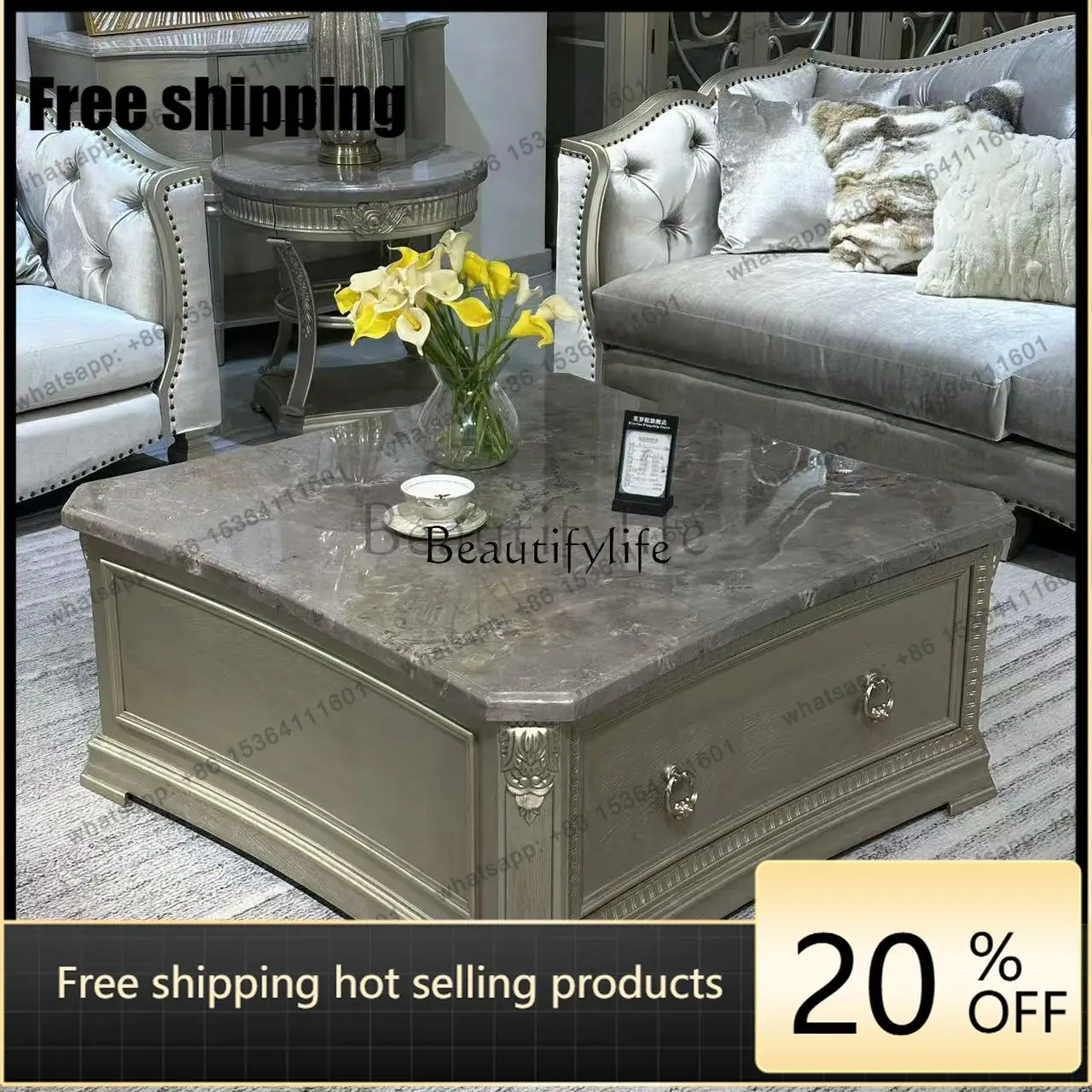 Factory DirectSolid wood carving flower coffee table antique carving coffee table square iced tea silver