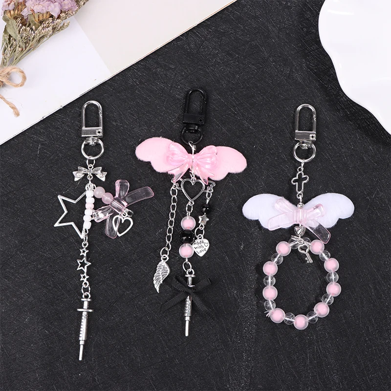 Y2k Pink Wings Phone Chain Dolphin Star Keychain Sweet Cool Beaded Earphone Case Pendant Bag Decor Car Keyring