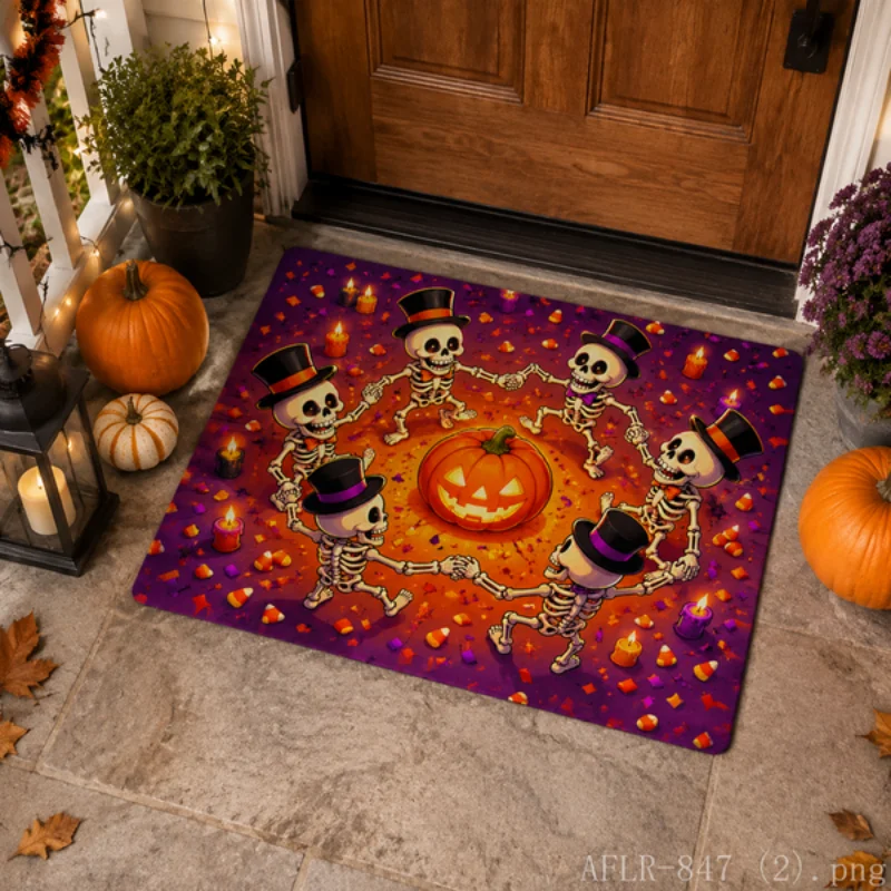 VIKAMA Day Of The Dead Skeleton With Top Hat Doormat Red Rose Border Non Slip Indoor Outdoor Front Door Decor Rug