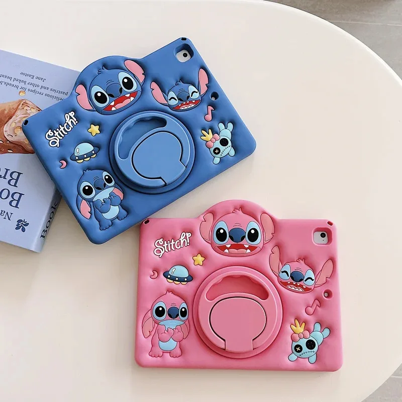 

For IPad 9 8 7th Air Mini 1 2 3 4 5 6 10 10.9 Pro A16 11 inch Child Case Cartoon Stitch Silicone 360 Rotation Stand Tablet Case