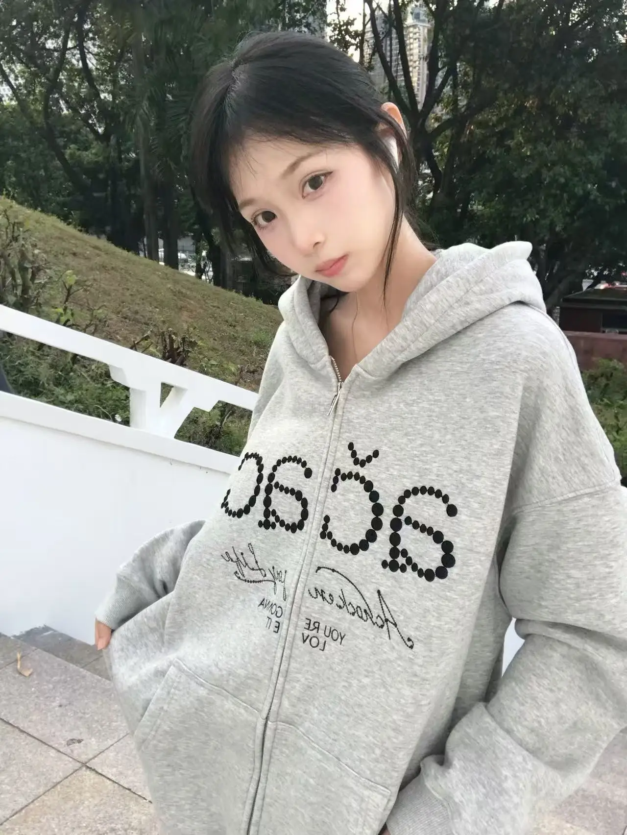 العصرية الأبيض ey Long Sve هوديي المرأة المطرزة طباعة فضفاضة الهيب هوب Sle التخسيس الشارع الشهير سستة العصرية Jaet #4