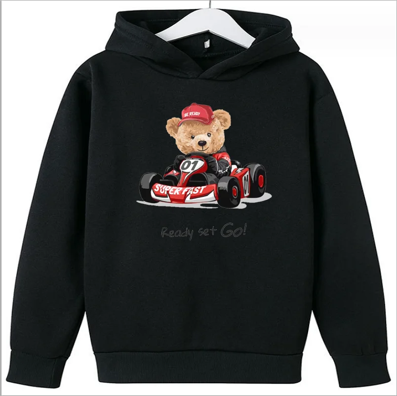 Teddy Bear Christmas Print Drawstring Hoodie Boys Girls Round Neck Modal Short Sleeve T-shirt Tops Sweatshirt