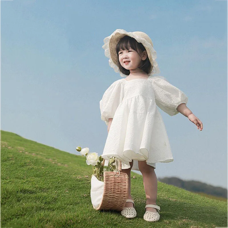 New Style Children's First Birthday Dress2025Spring Stylish Puff Sleeve Princess Dress White Fairy Children's Formal Dress Whole 2