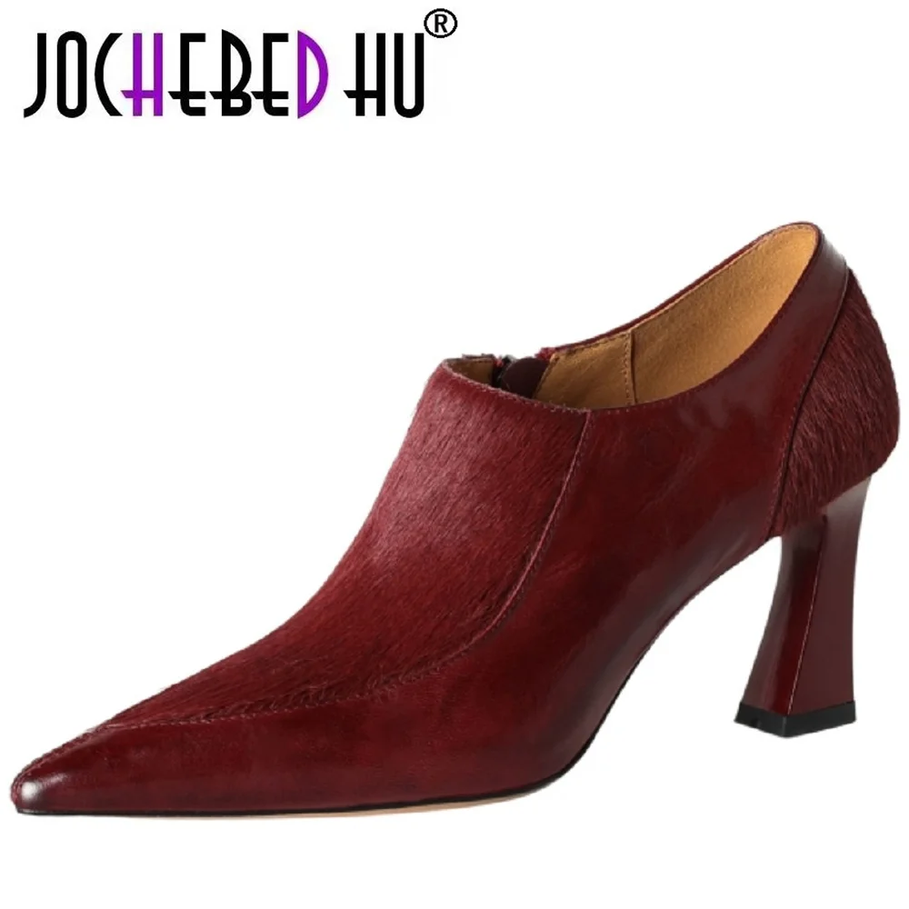 【JOCHEBED HU】Handmade Genuine Leather Pointed Toe Retro Elegant Simple Style Romantic High Heels Casual  Pumps 34-40