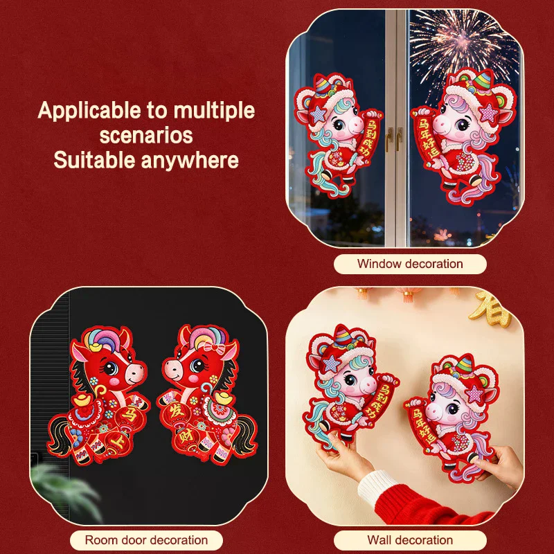3D Year of the Horse Paper Cutout Pair Chinese New Year Door Decoration Festive Home Accent with Chinese Characters 2026