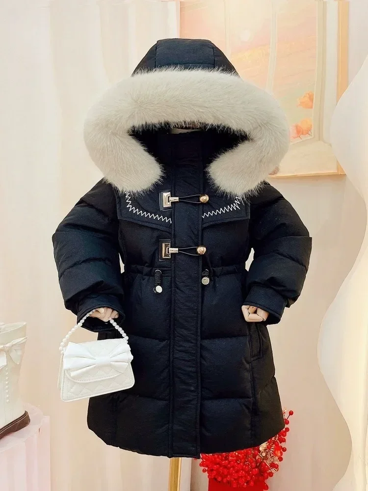 Children Korean Jacket Winter Long Warm Girls Coat Cotton Padded Snowsuit Fashion Hooded Fur Collar Kid Clothing TR239