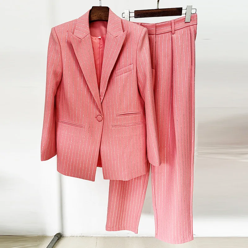 Luxury High Quality Diamond Blazer Pants Suit Two-Piece Set Women Outfit Design Clothing Lapel Blazer Wide-Leg Pants Sets Trend