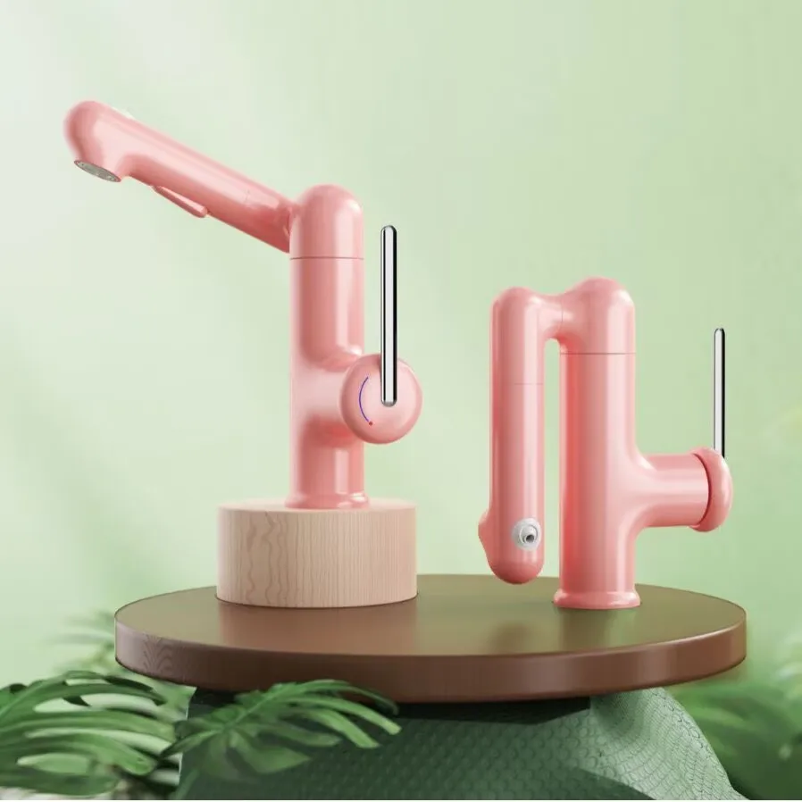 

Brass Pink Mechanical Arm Bathroom Faucet Brushed Gold Pull-Out Bathroom Basin Faucet Rotatable for Kitchen Sink