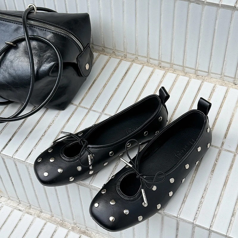 Retro Schwarze Nieten-Schleifen-Ballettschuhe für Damen, Einfarbige Flache Mary Jane Schuhe mit Flachem Absatz – Detail 9