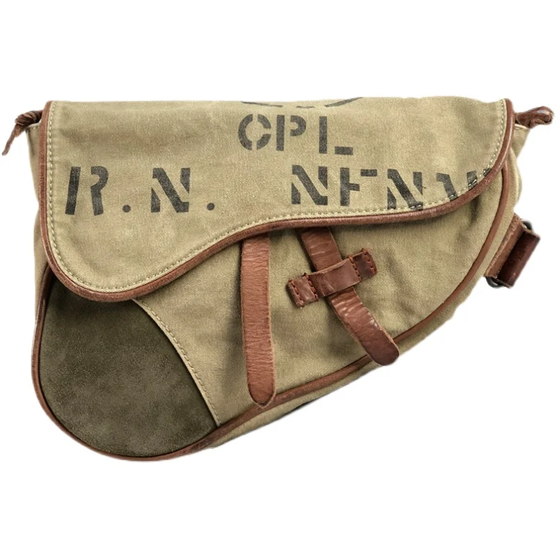 Retro military style chest bag washed thick canvas stitching cowhide motorcycle bag distressed casual saddle bag Waist Bag