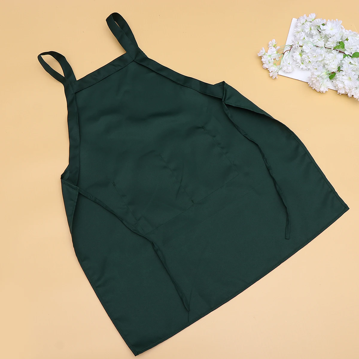 

Unisex Halter Apron Dark Green Polyester Cooking Apron Kitchen Pocket Double Shoulder Strap for Cafe Restaurant Serving