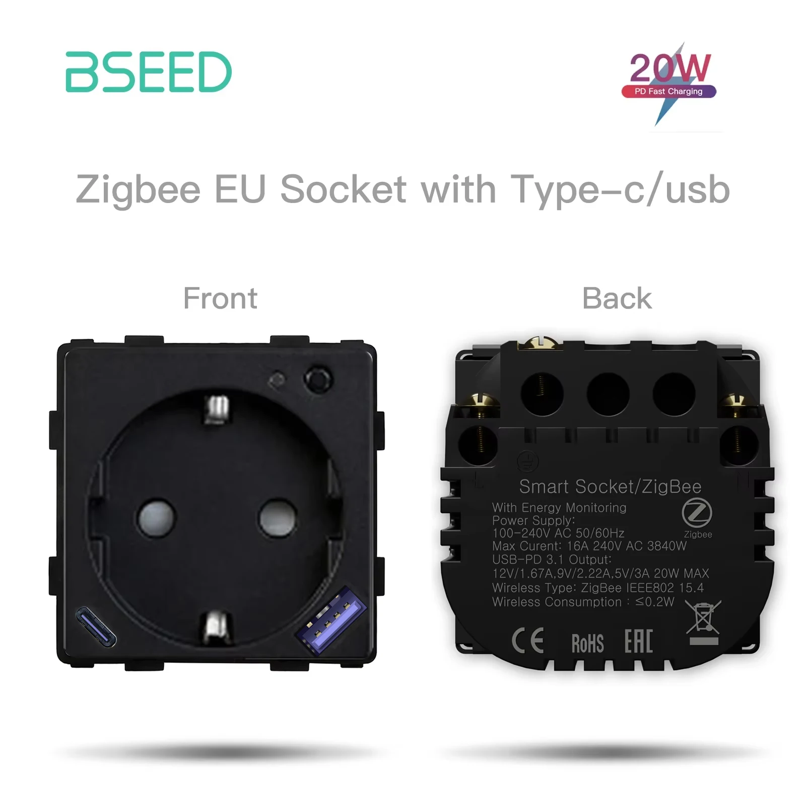 BSEED Zigbee Smart Socket Part Power Monitor Outlet met USB Type-C DIY-onderdelen 20W snel opladen Tuya Smart Life Alexa App-bediening