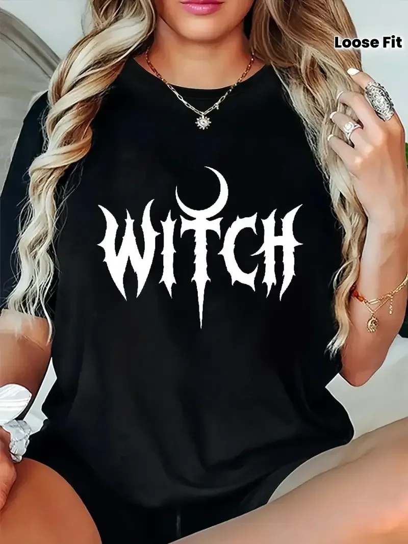 تي شيرت نسائي مطبوع عليه رسومات ساحرة باللونين الأبيض والأسود بتصميم الهلال والقمر والخفافيش، تي شيرت كاجوال فضفاض بأكمام قصيرة ورقبة دائرية #1