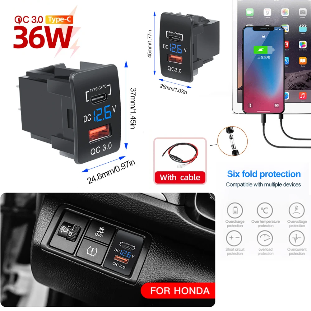 PD QC3.0 Dwuportowa szybka ładowarka do telefonu z woltomierzem LED Samochodowy wbudowany adapter USB Przycisk USB do wszystkich Honda Crv CB500X