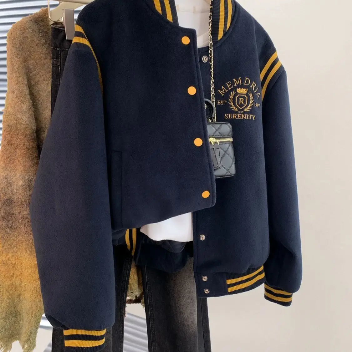 

Retro American Splicing Embroidery Baseball Jaet Loose ex Spring Autumn New Sle Trendy Brand Couple Outerwear