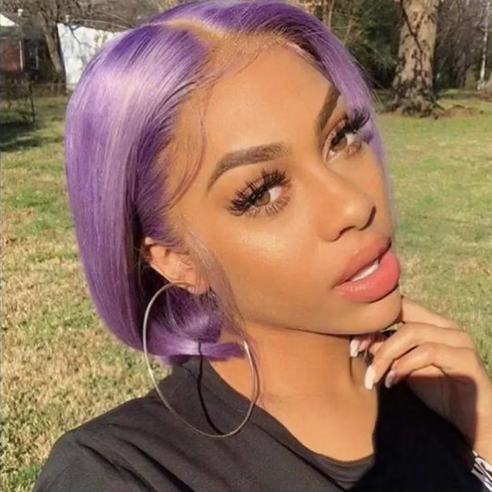 

180% Плотность 100% человеческие волосы Светло-фиолетовый короткий парик из волос Боб 13x4 Парик фронтальной части шнурка HD Прозрачный парик фронтальной части шнурка Готов к ношению