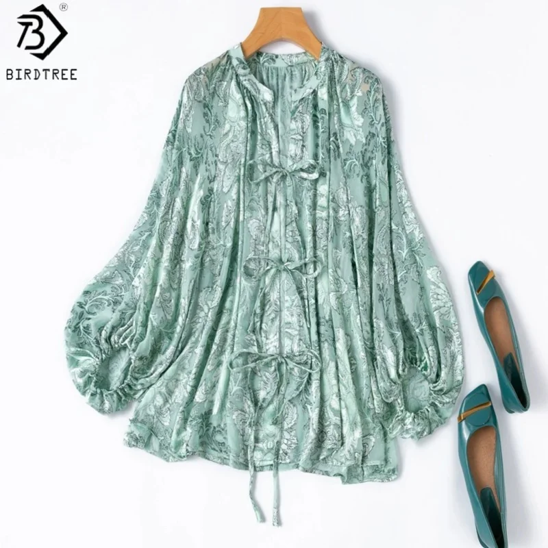 Birdtree, 100% Echte Seide Transparente Bluse, O-Ausschnitt Laternenärmel Loser Cardigan, Damen Durchbrochene Voile-Schleifentops, 2026 Neu T66105JF