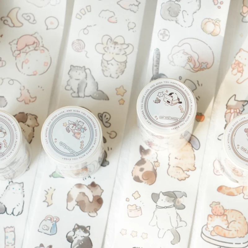 200cm/Roll 35cm/cycle Kitten & Paper Special Oil Tape Good Luck Cat Series Cute Cat Sticker Handbook DIY Loop Stickers