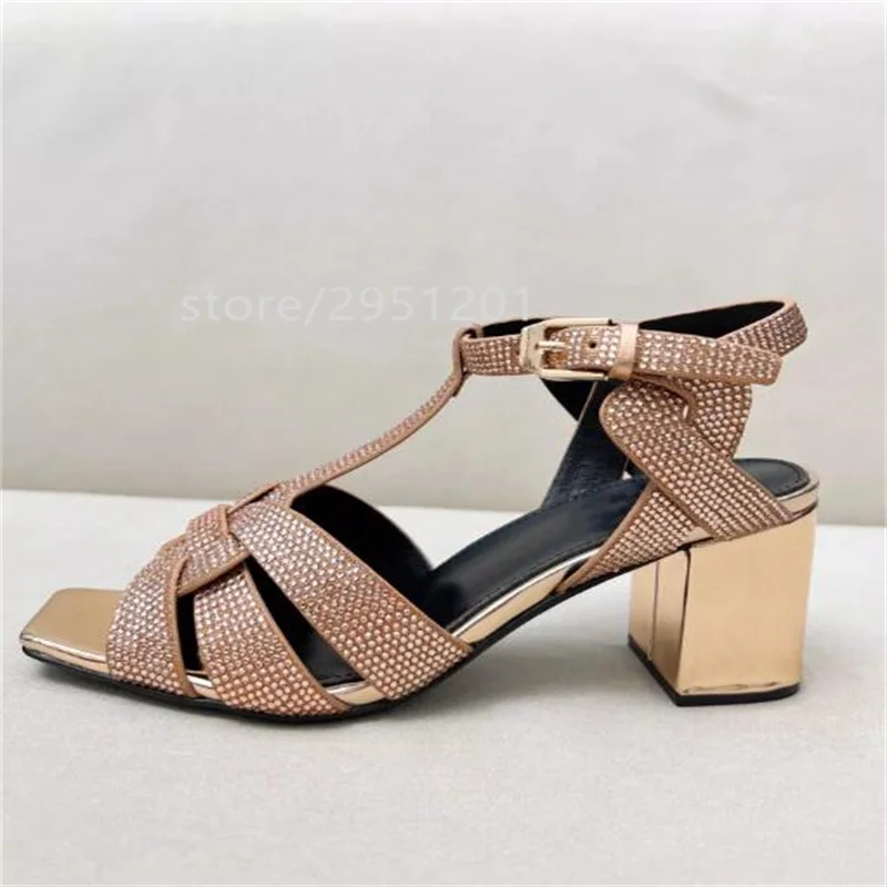 Crystal Peep Toe Women Chunky Sandals Low Heels T Strap  Ladies Shoes Summer Sandals Feminine Silver Rhinestones Shoes Woman