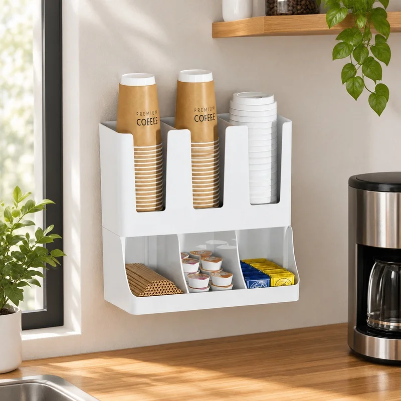 Multi-Compartment Coffee Supply Holder with Upright Design for Cups, Lids, and Condiments - Ideal for Home, Office, or Lounge