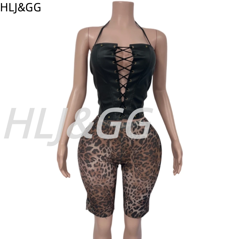 HLJ&GG Sexy Leather Hollow Bandage Halter Two Piece Sets Women Sleeveless Slim Crop Top + Mesh Leopard Shorts Outfits Streetwear view 5