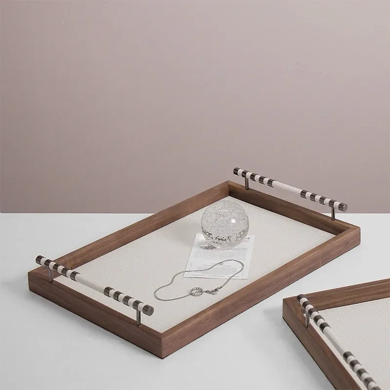 Modern light luxury brown wood leather square storage plate model room coffee table living room storage plate decorative