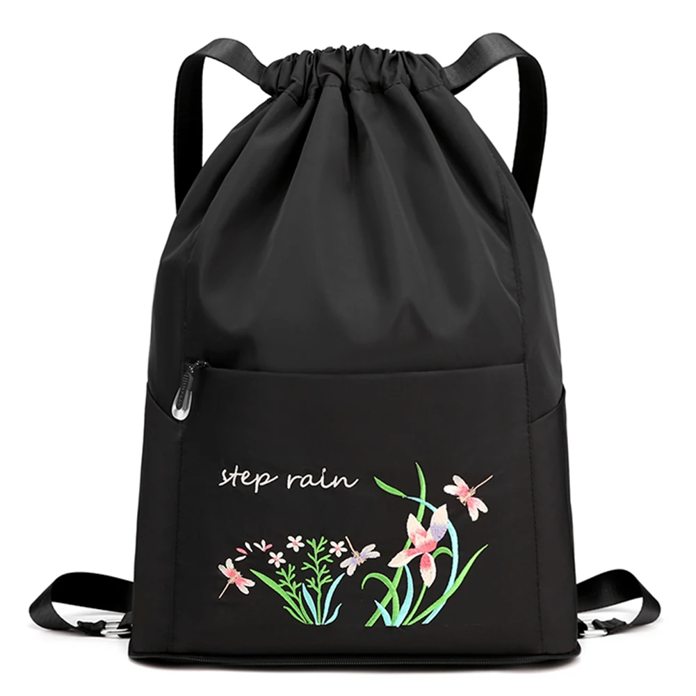 Women Drawstring Backpack with Zipper Pocket Fitness String Bag Waterproof Floral Print Backpack Multifunctional Sports Gym Bag