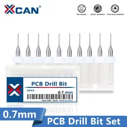 XCAN 0.7mm Mini Drill Bit Set 3.175mm Shank Carbide PCB Drill Bits for Drilling Print Circuit Board Drilling Tools 10pcs/box